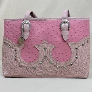 American West Hand Tooled Floral Pink Leather Rhinestone Studded Handbag Satchel